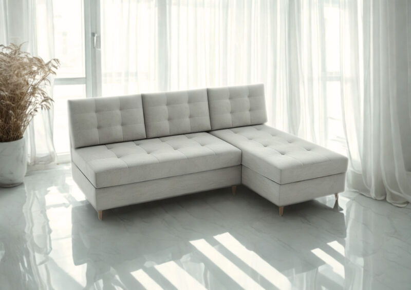 Mały pikowany narożnik skandynawski z funkcją spania PERO