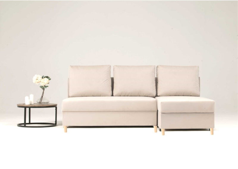 Mały skandynawski narożnik z funkcją spania ONYX na drewnianych nogach