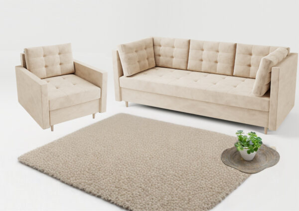 Zestaw sofa plus fotel PREGO pikowana skandynawska kanapa - obrazek 2