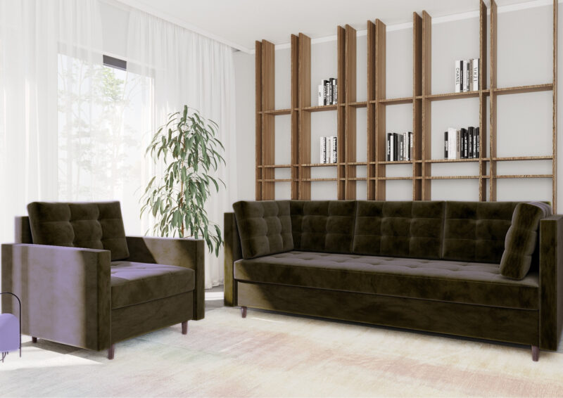 Zestaw sofa plus fotel PREGO pikowana skandynawska kanapa